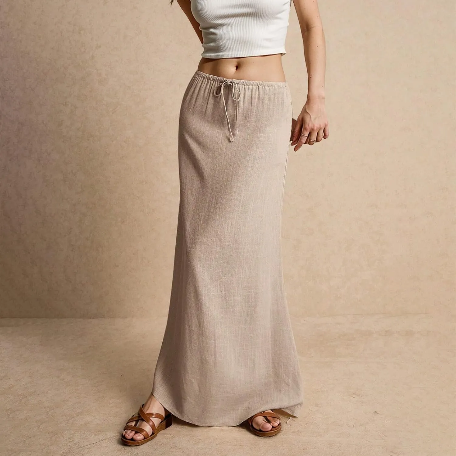Womens Spring Skirts 2025 Drawstring Waist Boho Maxi Slim Low Rise Cotton Linen A Line Cute Flowy Spring Midi Skirt