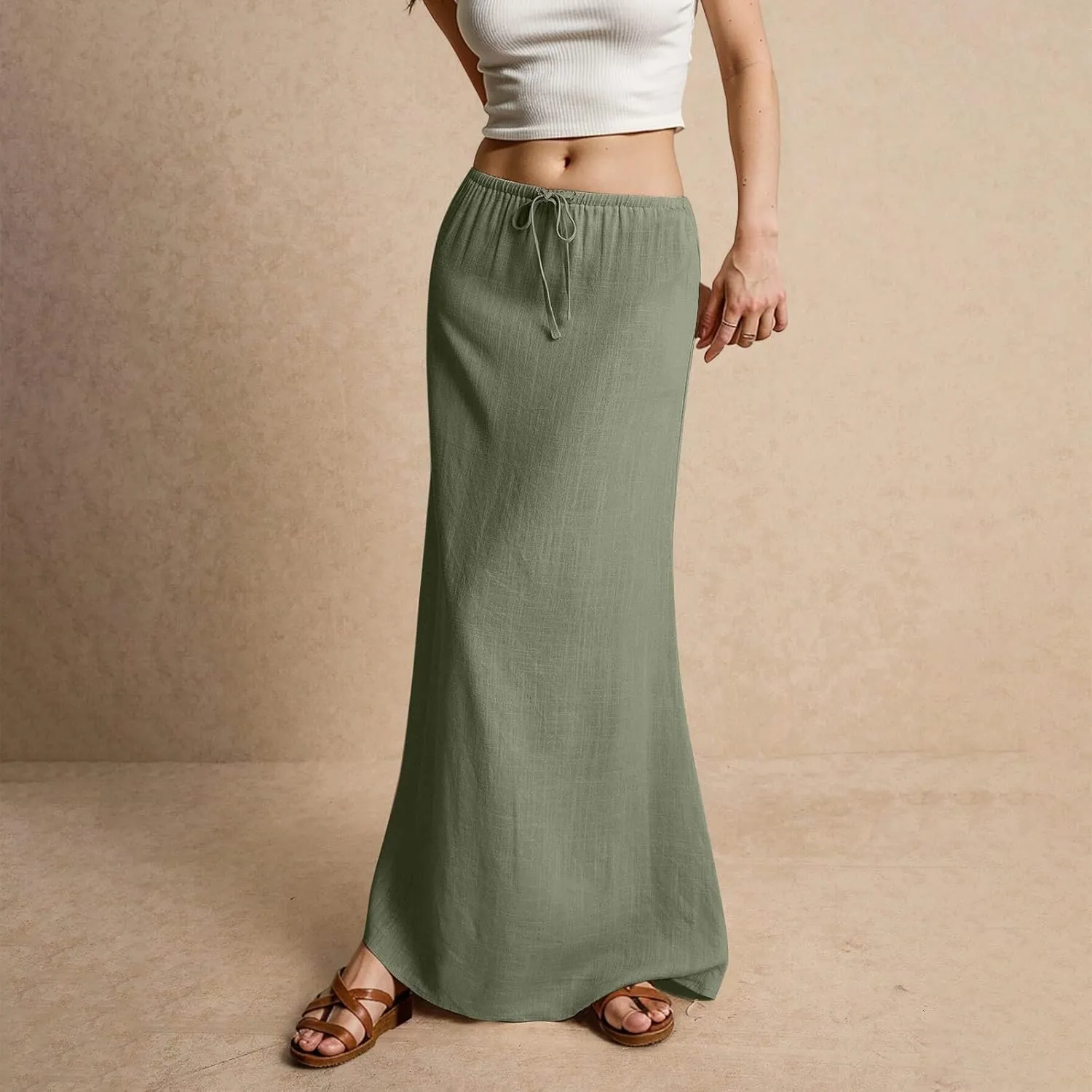 Womens Spring Skirts 2025 Drawstring Waist Boho Maxi Slim Low Rise Cotton Linen A Line Cute Flowy Spring Midi Skirt