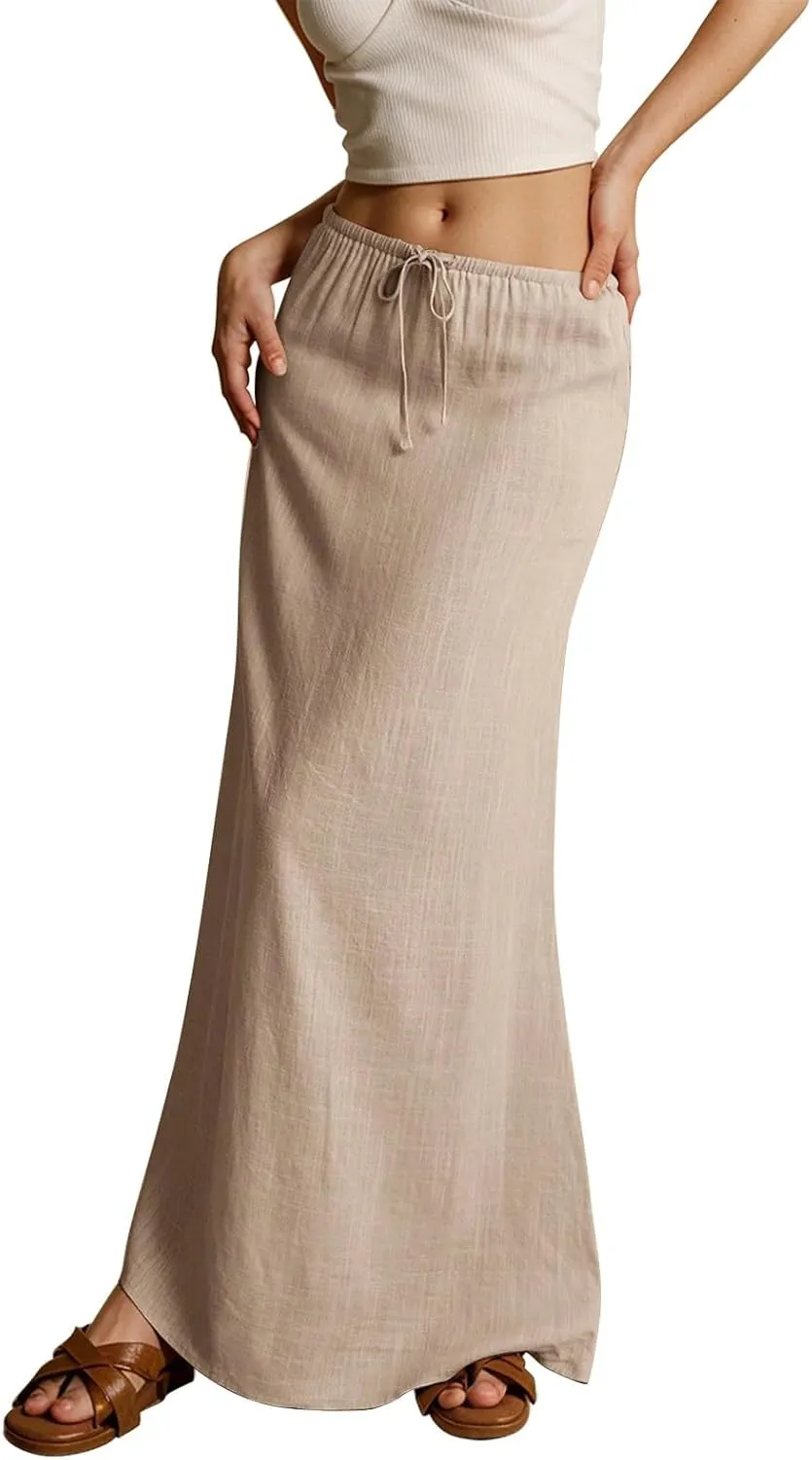 Womens Spring Skirts 2025 Drawstring Waist Boho Maxi Slim Low Rise Cotton Linen A Line Cute Flowy Spring Midi Skirt