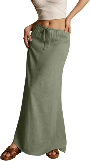 Womens Spring Skirts 2025 Drawstring Waist Boho Maxi Slim Low Rise Cotton Linen A Line Cute Flowy Spring Midi Skirt