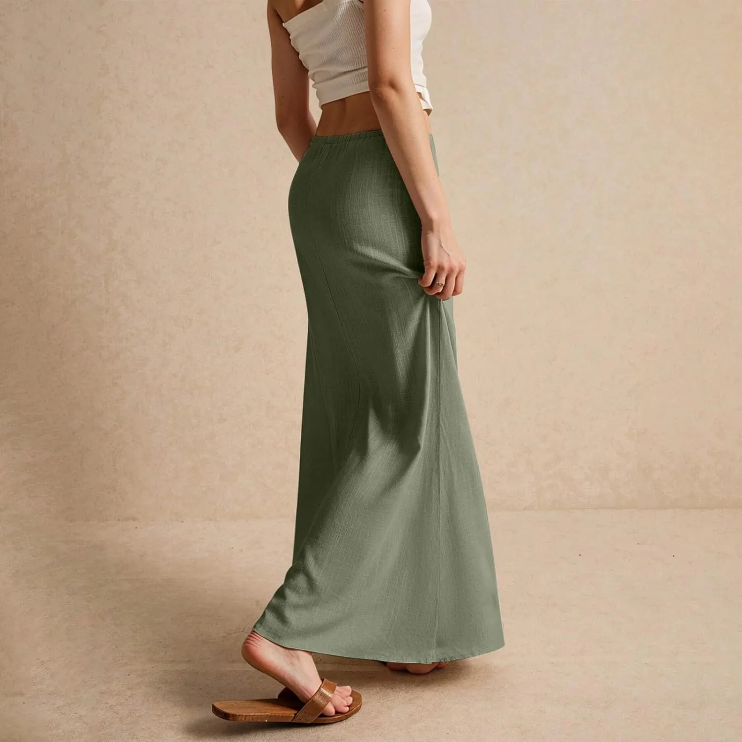 Womens Spring Skirts 2025 Drawstring Waist Boho Maxi Slim Low Rise Cotton Linen A Line Cute Flowy Spring Midi Skirt
