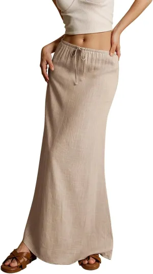 Womens Spring Skirts 2025 Drawstring Waist Boho Maxi Slim Low Rise Cotton Linen A Line Cute Flowy Spring Midi Skirt