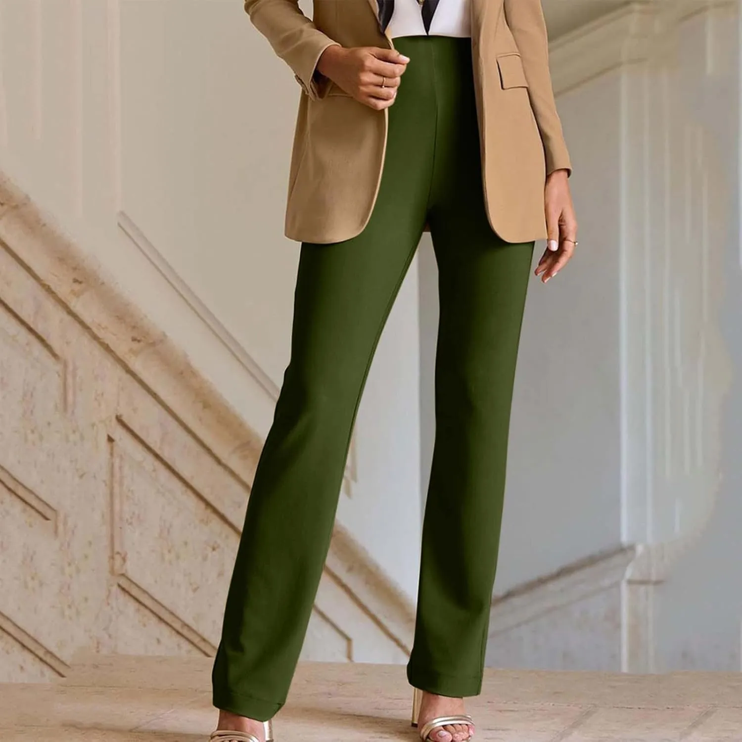 Women's Straight Leg Suit Pants Casual High Waisted Business Work Trousers Office Relaxed Fit Long Solid Color Pants