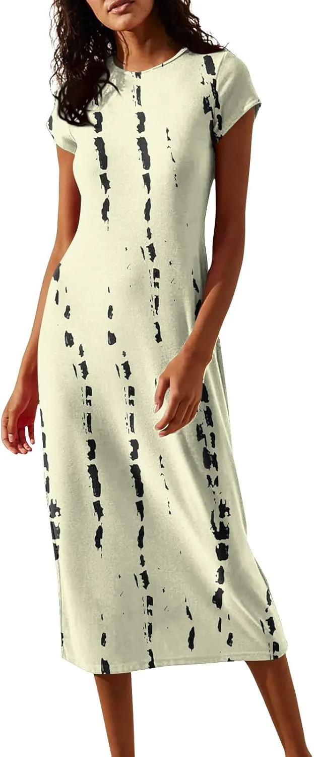 Women's Summer Boho Short Sleeve Crew Neck Midi Floral Dresses Wrap a Line Hawaiian 2025 Dress