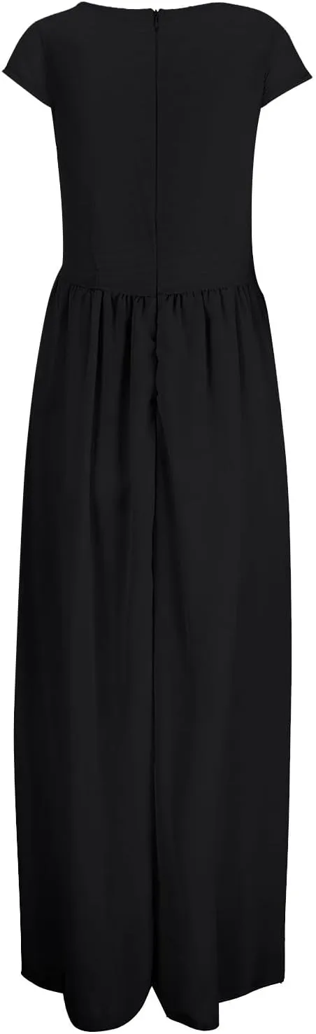 Womens Summer Chiffon Short Slit Sleeve V Neck Ruffled Wrap Wedding Bridesmaid Long Maxi Dresses for Women Summer
