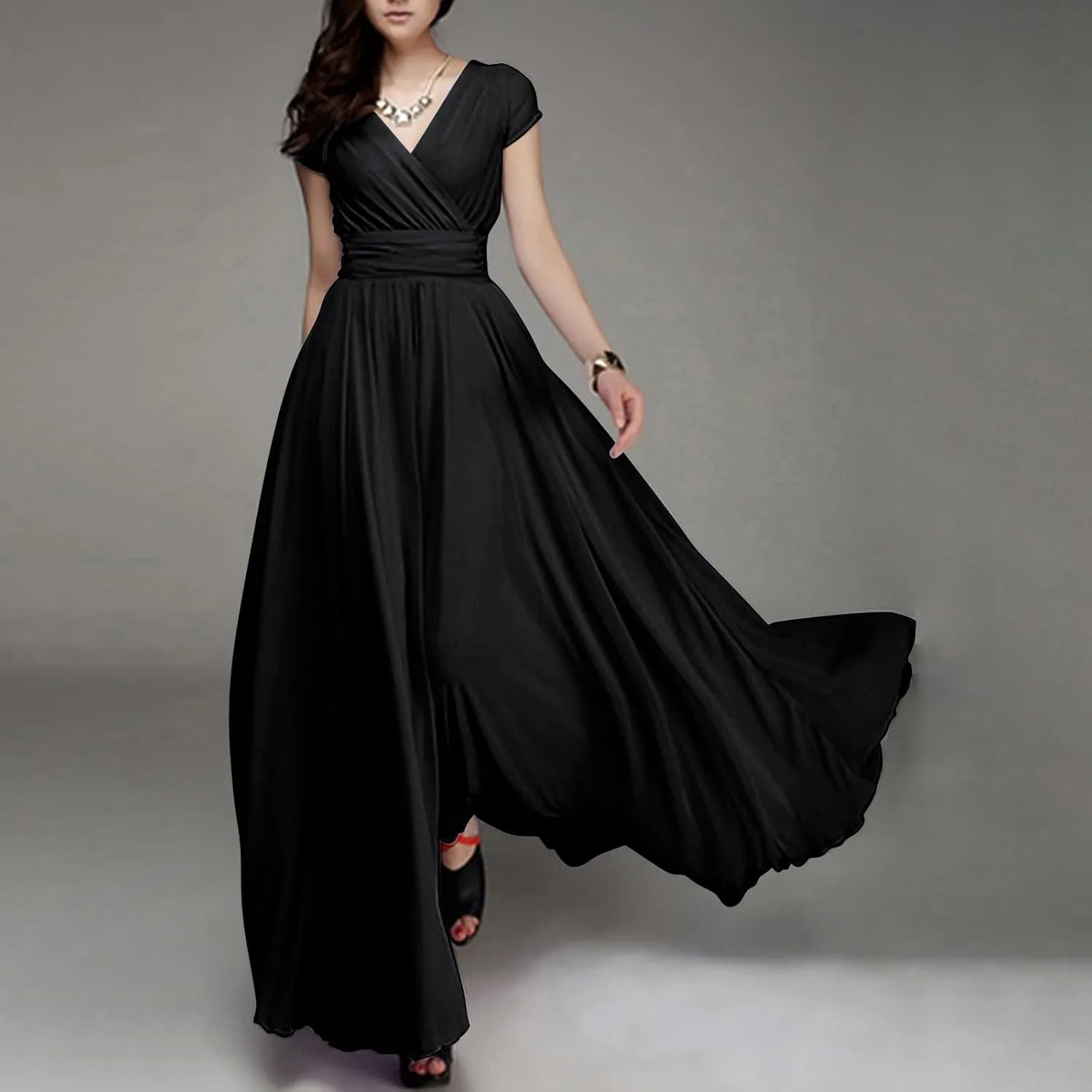 Womens Summer Chiffon Short Slit Sleeve V Neck Ruffled Wrap Wedding Bridesmaid Long Maxi Dresses for Women Summer