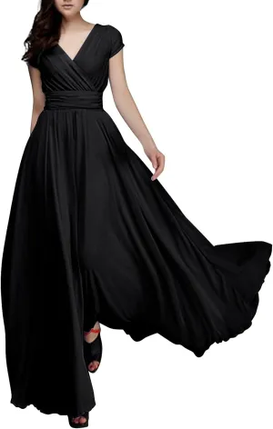Womens Summer Chiffon Short Slit Sleeve V Neck Ruffled Wrap Wedding Bridesmaid Long Maxi Dresses for Women Summer