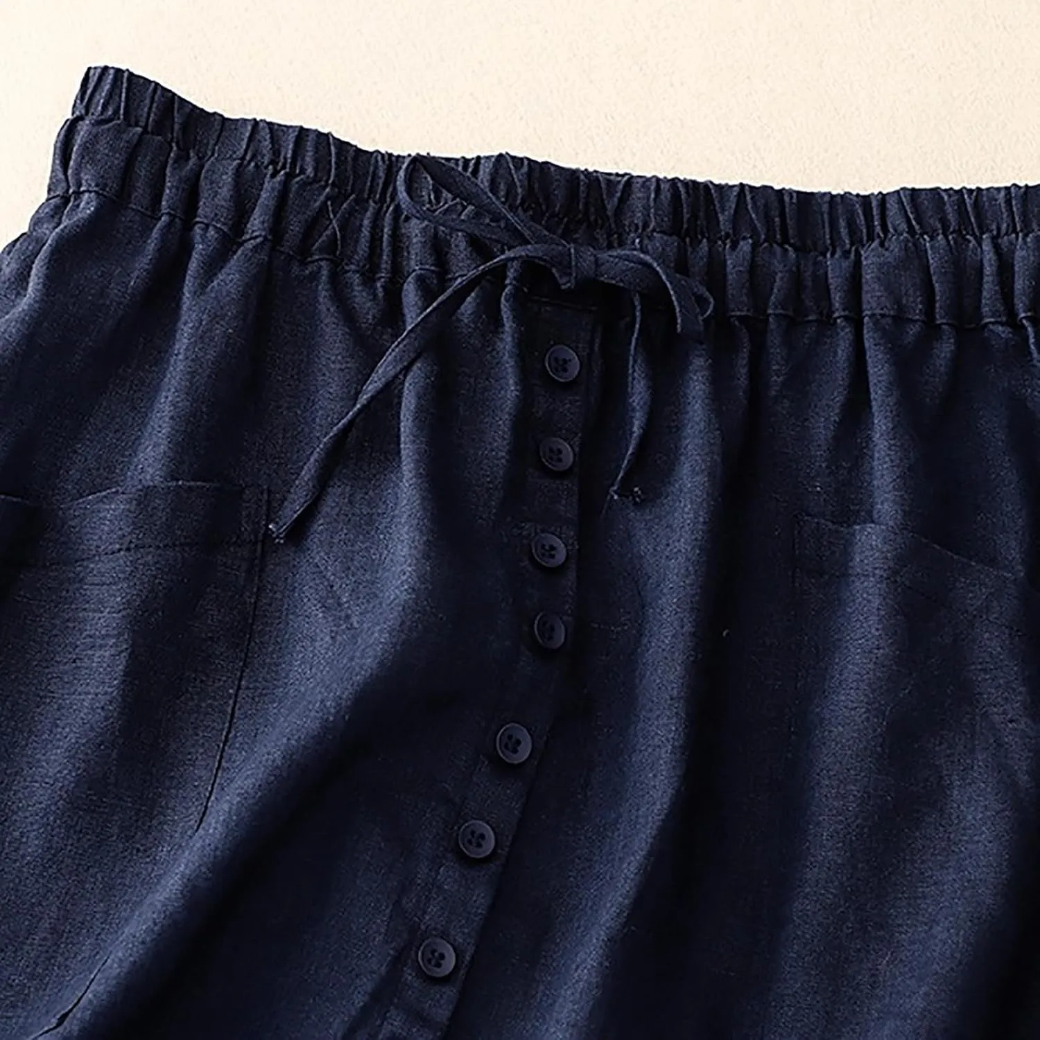 Womens Summer Cotton Linen Midi Skirt Fashion Front Split Elastic Waist Long Skirts with Pockets