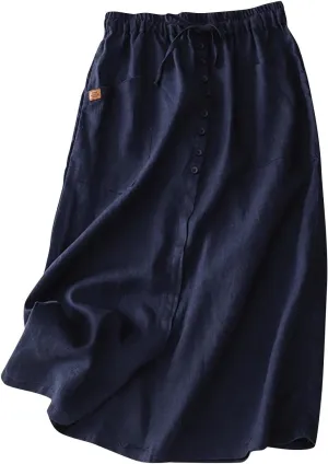 Womens Summer Cotton Linen Midi Skirt Fashion Front Split Elastic Waist Long Skirts with Pockets
