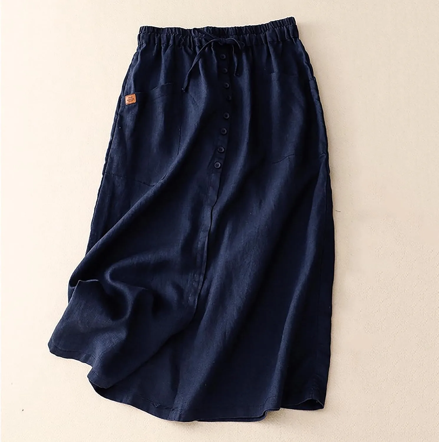 Womens Summer Cotton Linen Midi Skirt Fashion Front Split Elastic Waist Long Skirts with Pockets