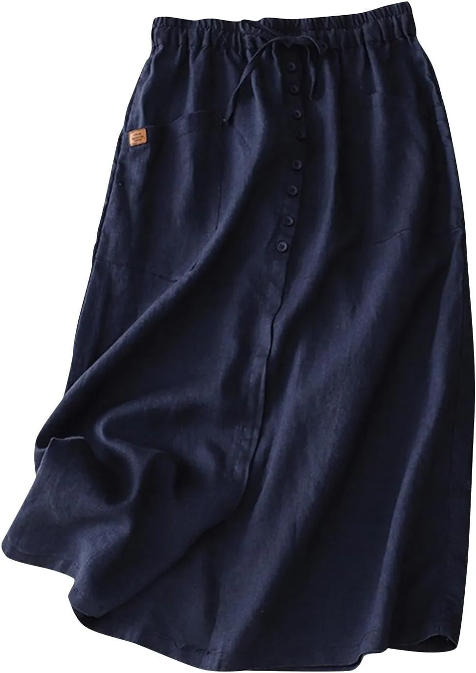 Womens Summer Cotton Linen Midi Skirt Fashion Front Split Elastic Waist Long Skirts with Pockets
