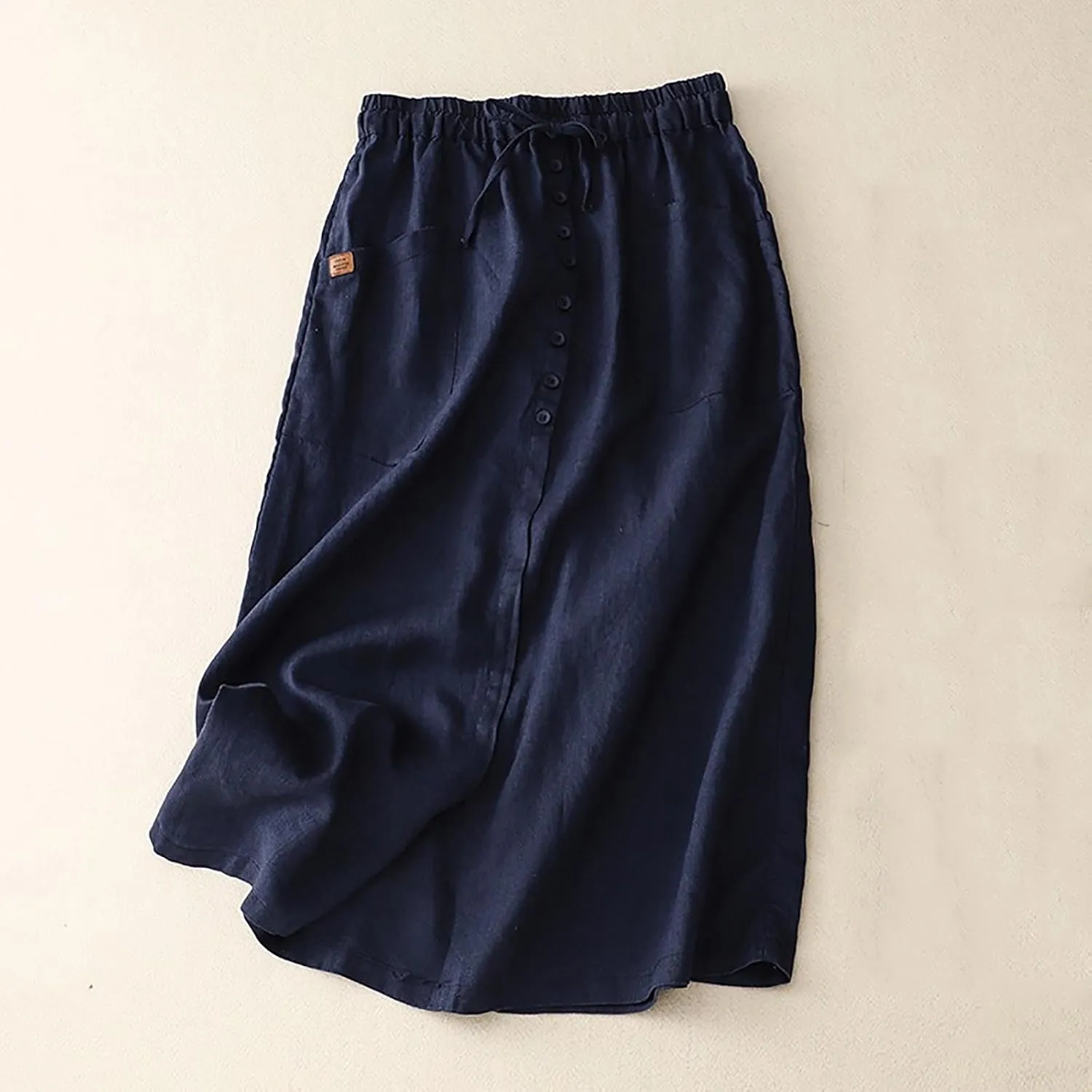 Womens Summer Cotton Linen Midi Skirt Fashion Front Split Elastic Waist Long Skirts with Pockets