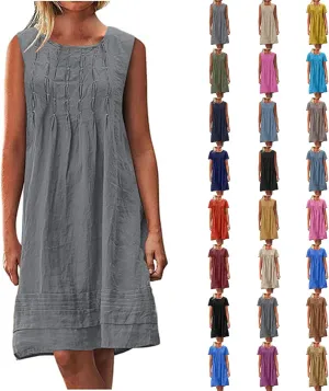 Womens Summer Cotton Linen Shirt Dress 2025 Vacation Casual Loose Boho Tank Dresses Plus Size Pleated Maxi Sundresses