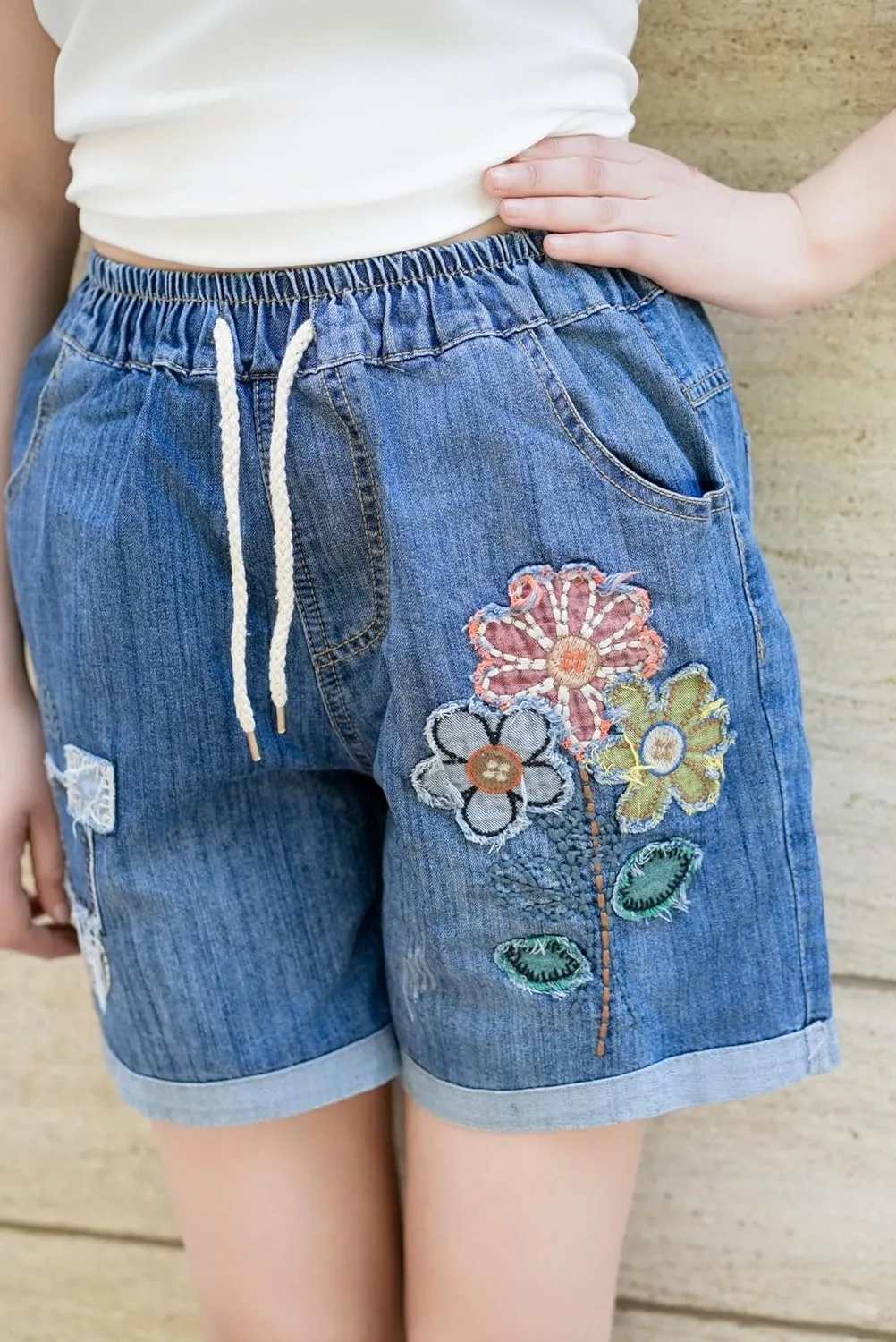 Women's Summer Denim Shorts High Waisted Stretchy Casual Denim Short Embroidery Drawstring Jean Shorts