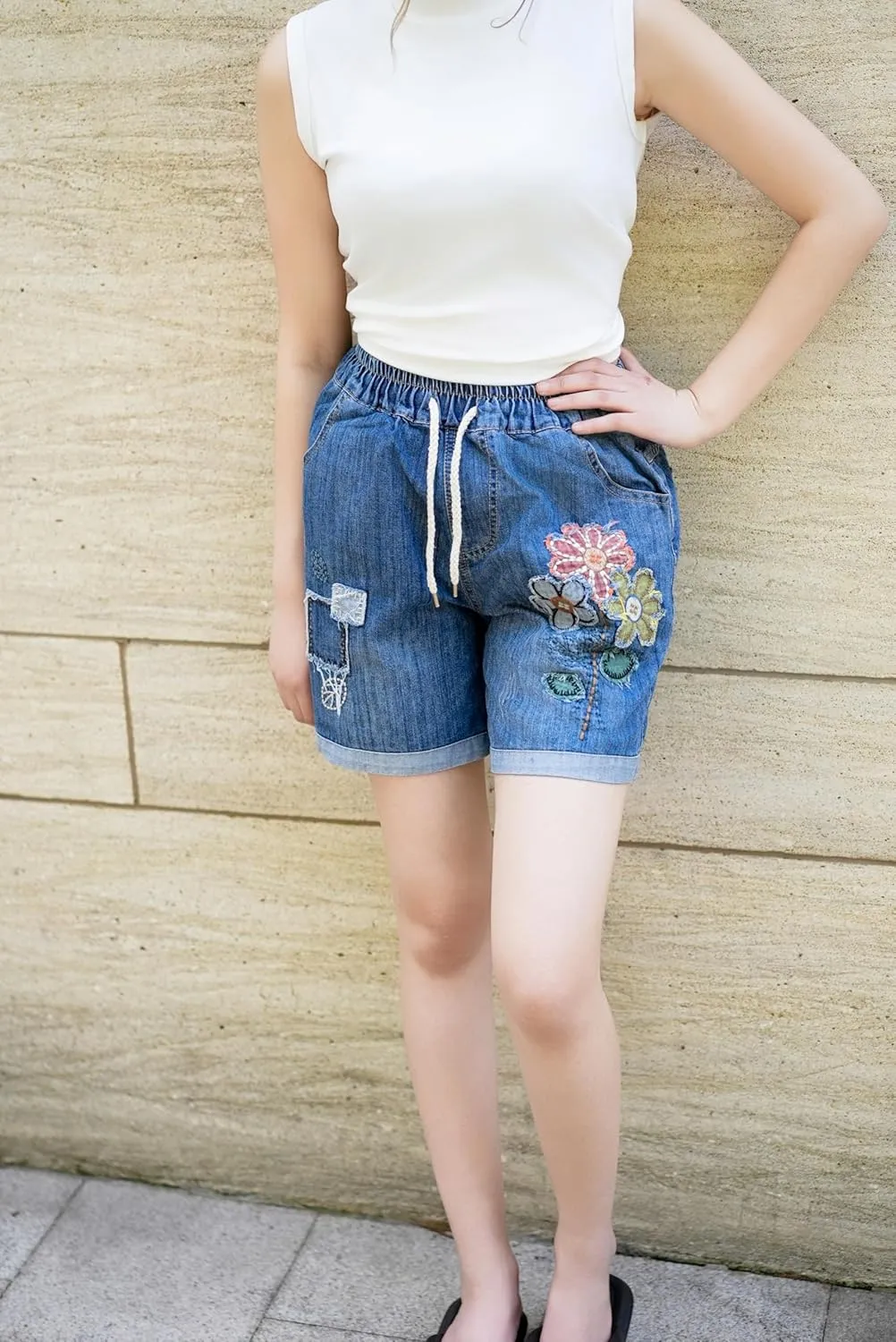 Women's Summer Denim Shorts High Waisted Stretchy Casual Denim Short Embroidery Drawstring Jean Shorts
