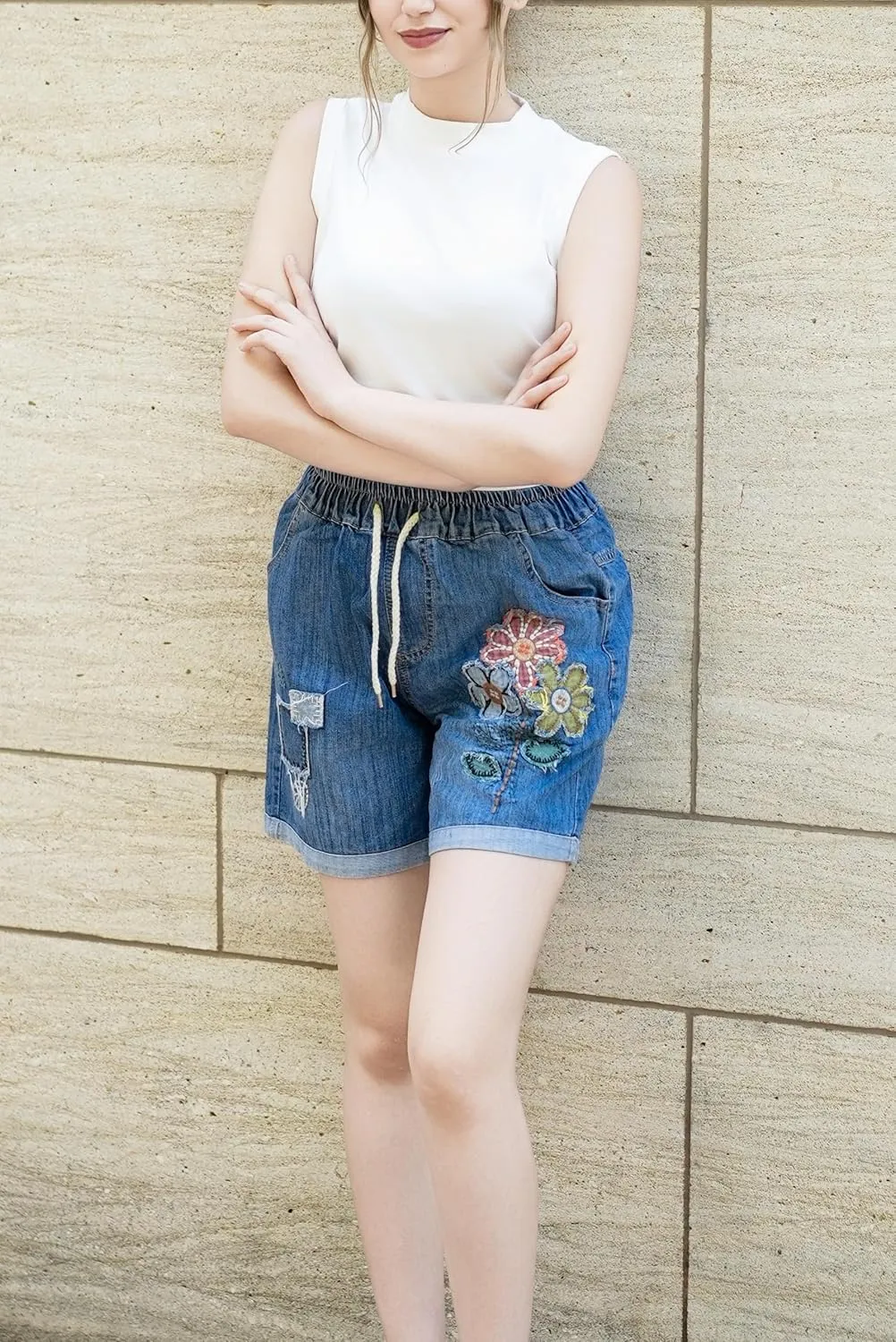 Women's Summer Denim Shorts High Waisted Stretchy Casual Denim Short Embroidery Drawstring Jean Shorts