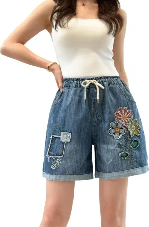Women's Summer Denim Shorts High Waisted Stretchy Casual Denim Short Embroidery Drawstring Jean Shorts