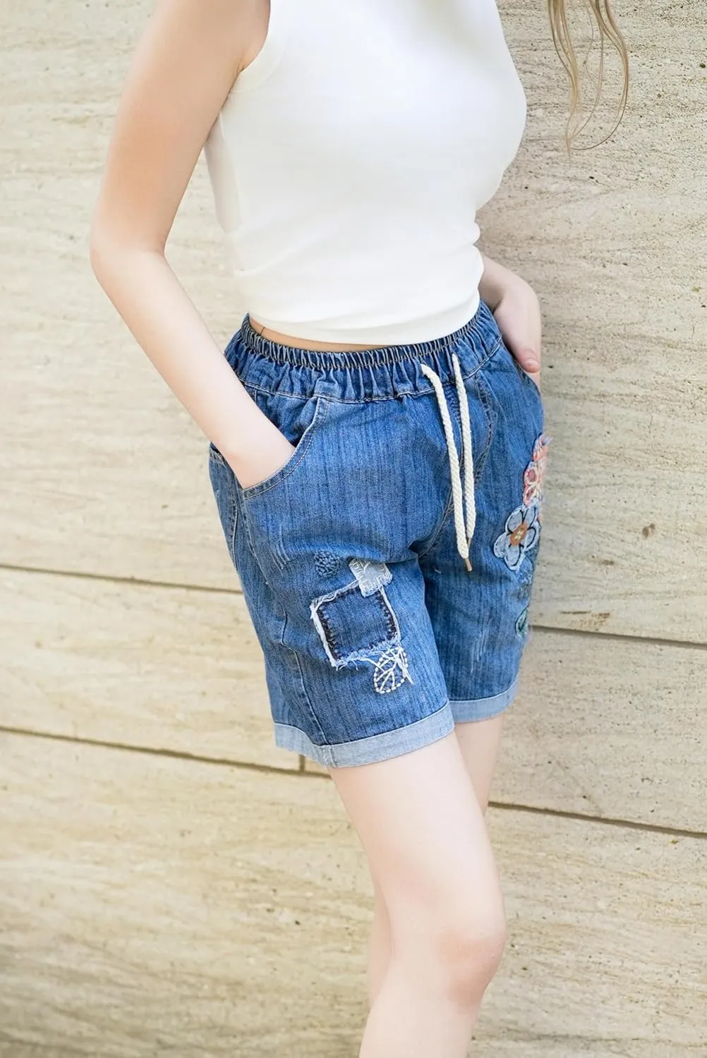 Women's Summer Denim Shorts High Waisted Stretchy Casual Denim Short Embroidery Drawstring Jean Shorts
