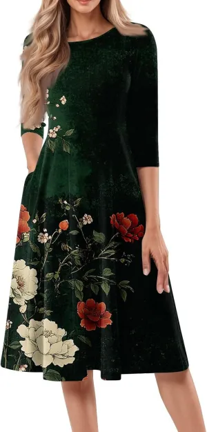 Womens Summer Dresses Beach Round Neck 3/4 Sleeve Midi Dresses A Line Dress Spring Floral Flowy Dress with Pocket