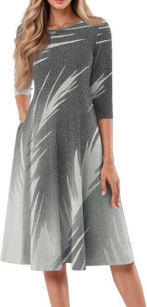 Womens Summer Dresses Beach Round Neck 3/4 Sleeve Midi Dresses A Line Dress Spring Floral Flowy Dress with Pocket