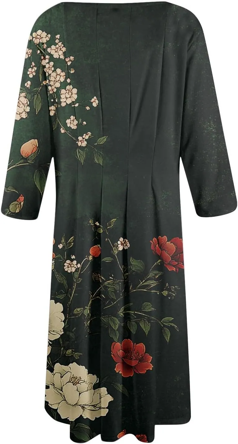 Womens Summer Dresses Beach Round Neck 3/4 Sleeve Midi Dresses A Line Dress Spring Floral Flowy Dress with Pocket