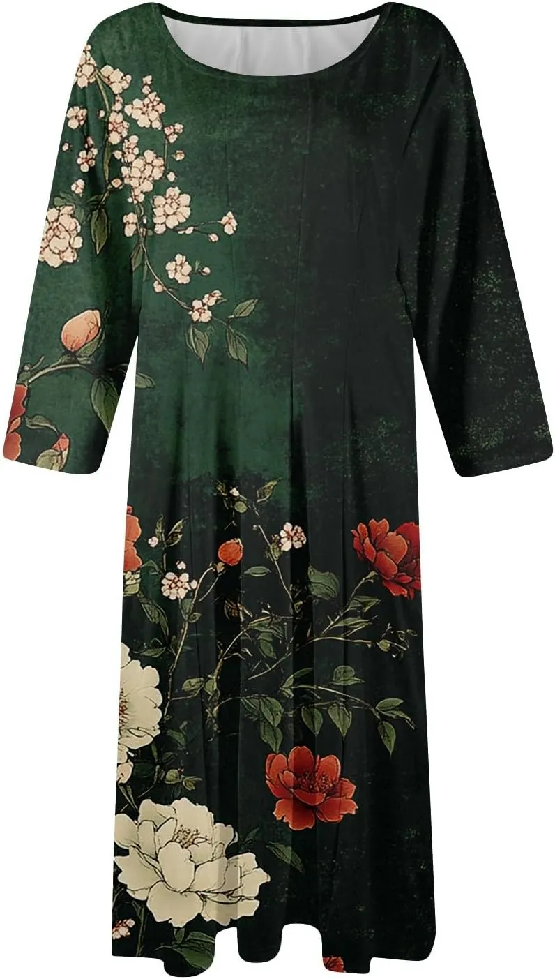 Womens Summer Dresses Beach Round Neck 3/4 Sleeve Midi Dresses A Line Dress Spring Floral Flowy Dress with Pocket