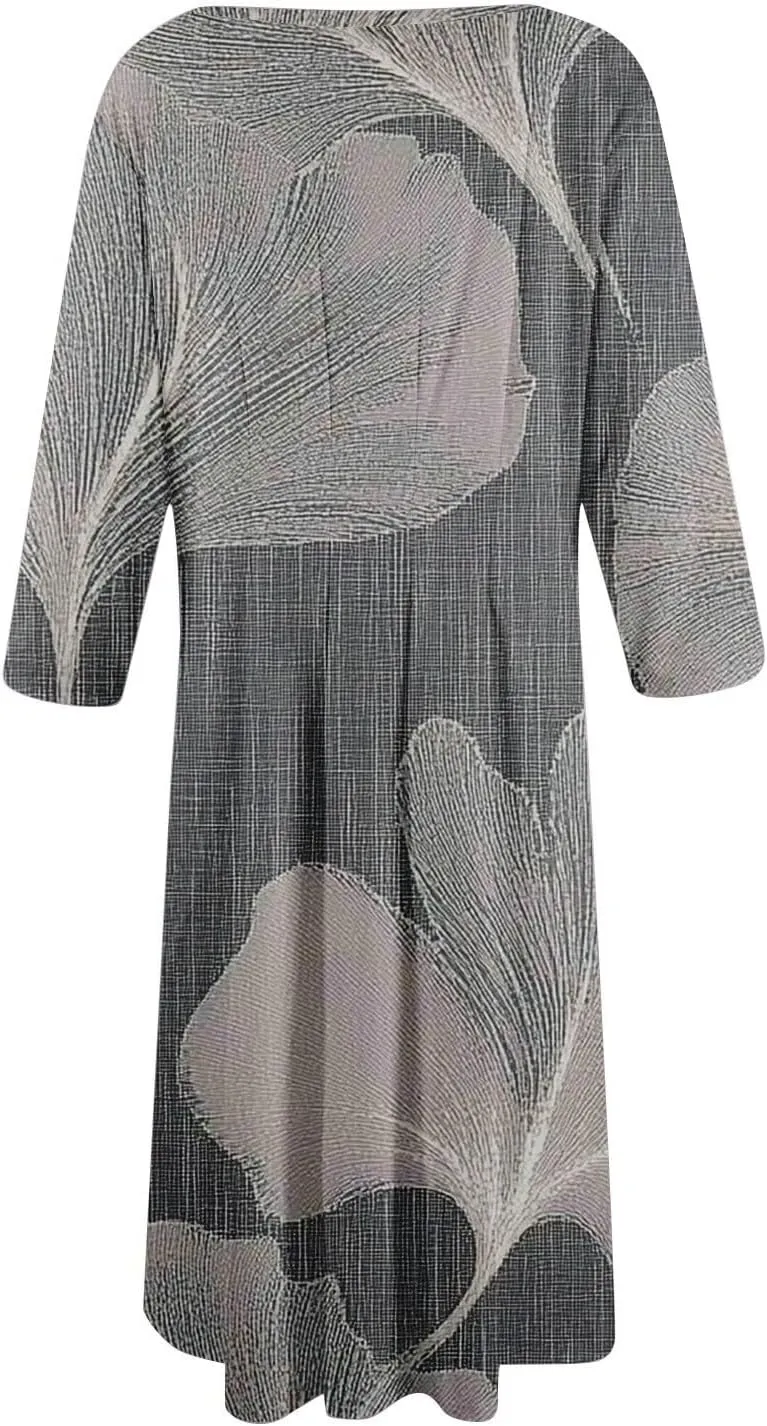 Womens Summer Dresses Beach Round Neck 3/4 Sleeve Midi Dresses A Line Dress Spring Floral Flowy Dress with Pocket