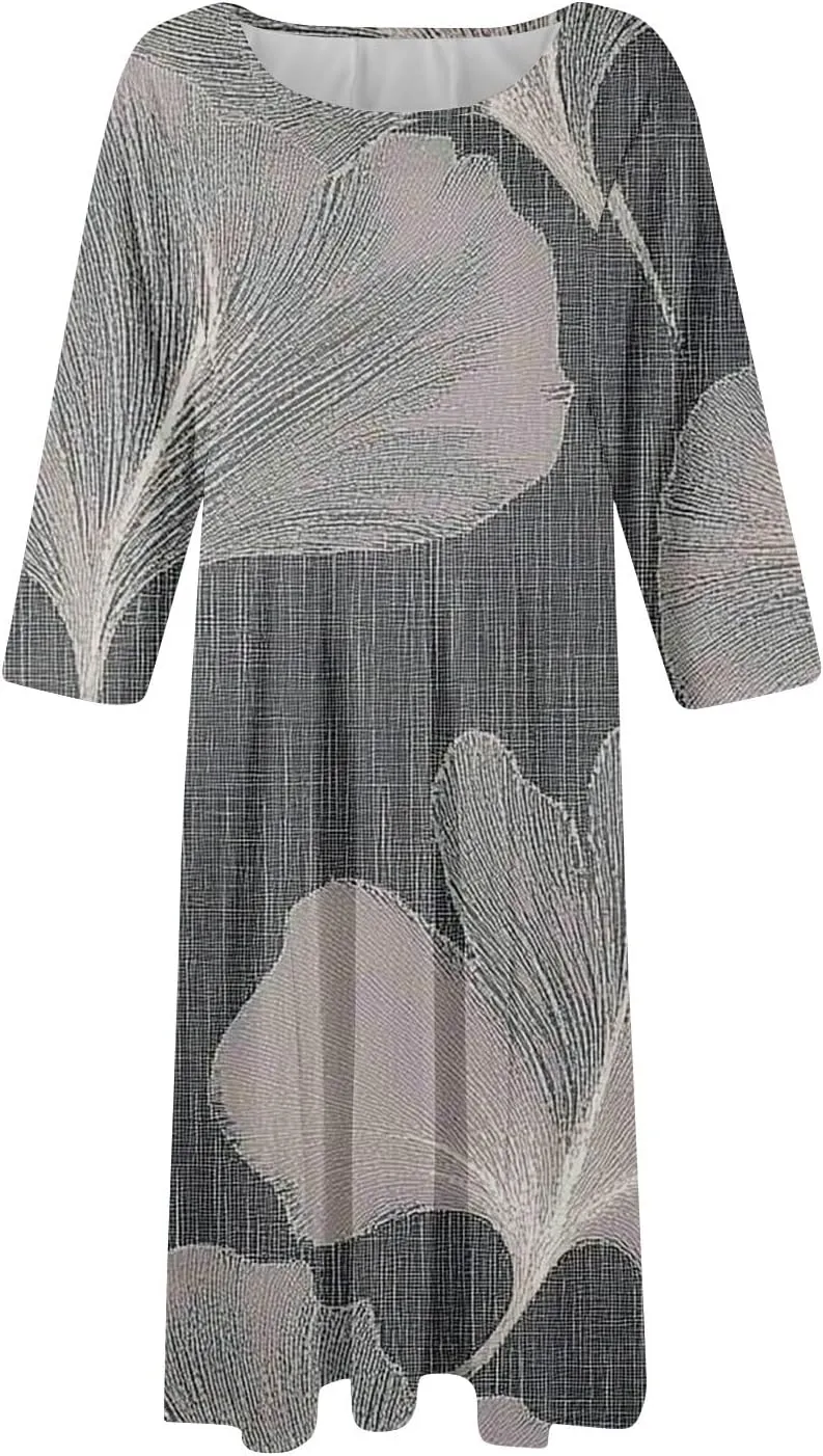 Womens Summer Dresses Beach Round Neck 3/4 Sleeve Midi Dresses A Line Dress Spring Floral Flowy Dress with Pocket