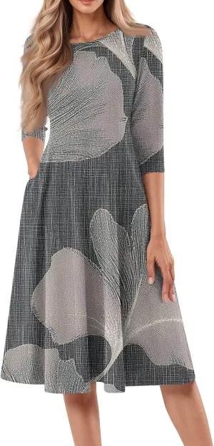 Womens Summer Dresses Beach Round Neck 3/4 Sleeve Midi Dresses A Line Dress Spring Floral Flowy Dress with Pocket