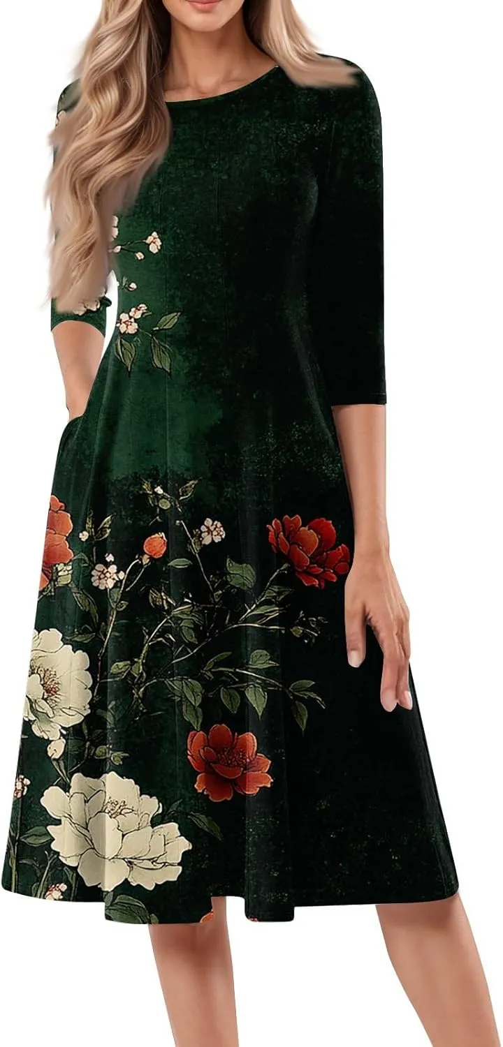 Womens Summer Dresses Beach Round Neck 3/4 Sleeve Midi Dresses A Line Dress Spring Floral Flowy Dress with Pocket