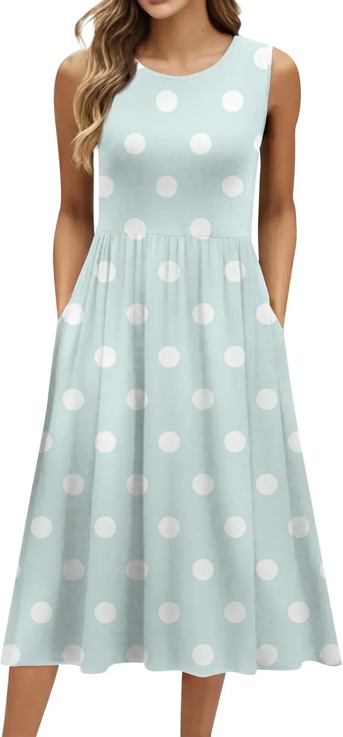Womens Summer Dresses Flowy Sleeveless Mid Dress Casual Loose A-Line Sundresses Floral Tshirt Tank Dresses with Pockets