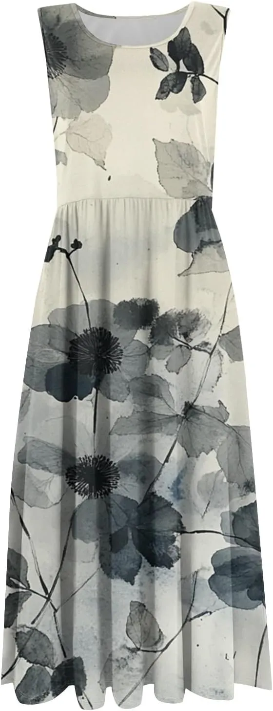 Womens Summer Dresses Flowy Sleeveless Mid Dress Casual Loose A-Line Sundresses Floral Tshirt Tank Dresses with Pockets