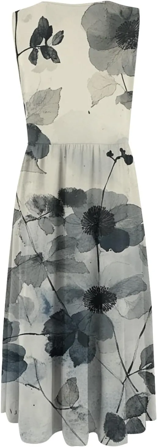 Womens Summer Dresses Flowy Sleeveless Mid Dress Casual Loose A-Line Sundresses Floral Tshirt Tank Dresses with Pockets