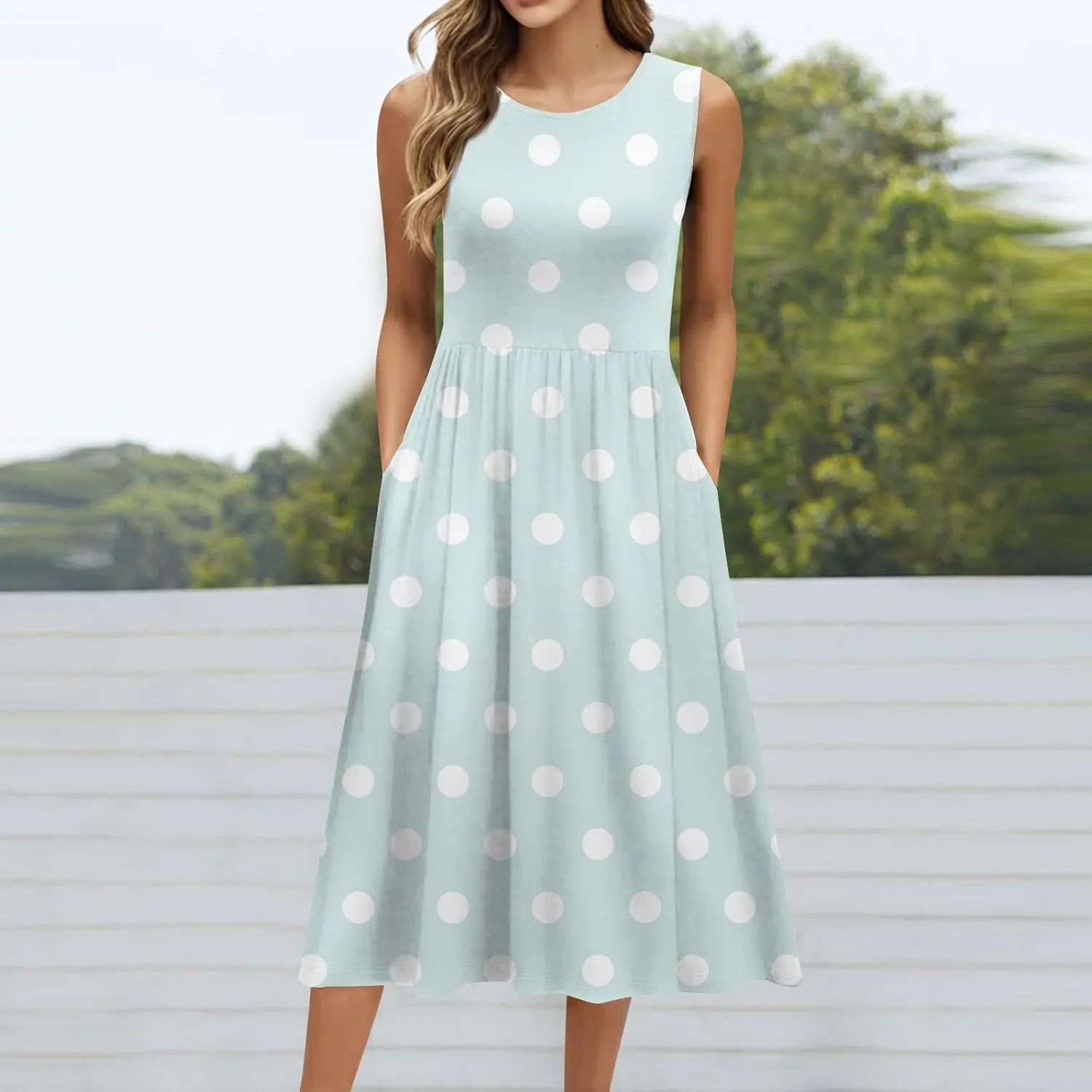 Womens Summer Dresses Flowy Sleeveless Mid Dress Casual Loose A-Line Sundresses Floral Tshirt Tank Dresses with Pockets