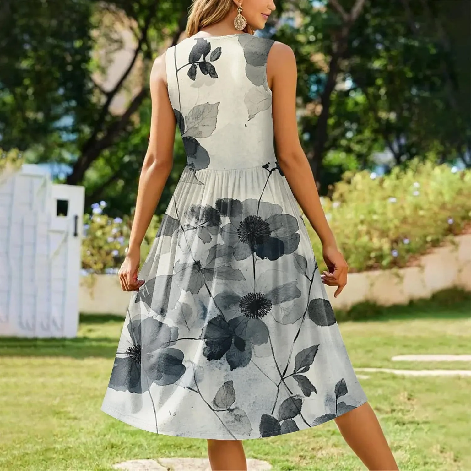 Womens Summer Dresses Flowy Sleeveless Mid Dress Casual Loose A-Line Sundresses Floral Tshirt Tank Dresses with Pockets