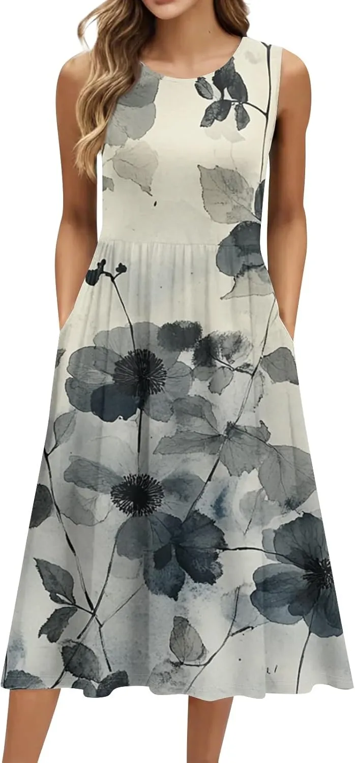 Womens Summer Dresses Flowy Sleeveless Mid Dress Casual Loose A-Line Sundresses Floral Tshirt Tank Dresses with Pockets