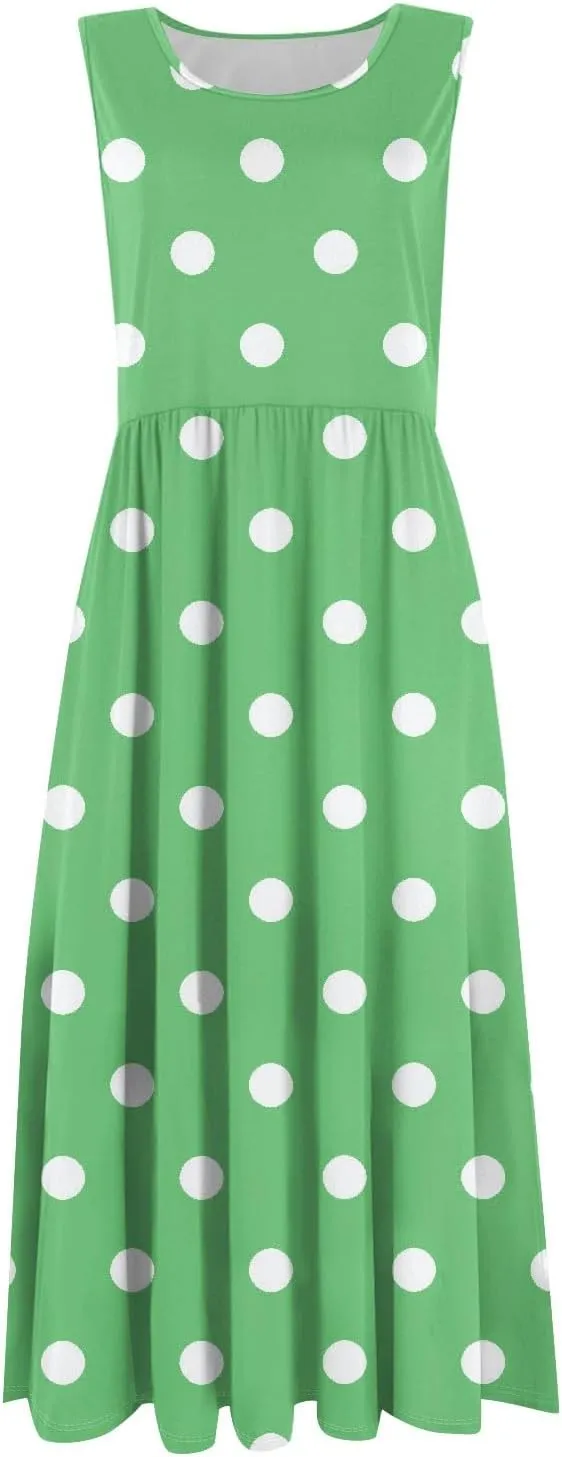 Womens Summer Dresses Flowy Sleeveless Mid Dress Casual Loose A-Line Sundresses Floral Tshirt Tank Dresses with Pockets