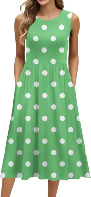 Womens Summer Dresses Flowy Sleeveless Mid Dress Casual Loose A-Line Sundresses Floral Tshirt Tank Dresses with Pockets