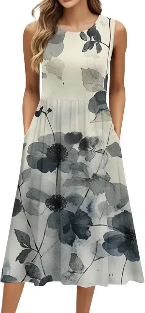 Womens Summer Dresses Flowy Sleeveless Mid Dress Casual Loose A-Line Sundresses Floral Tshirt Tank Dresses with Pockets