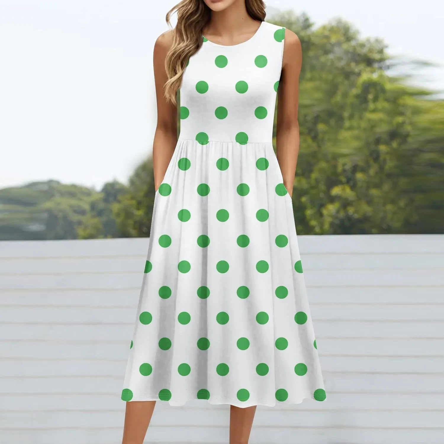 Womens Summer Dresses Flowy Sleeveless Mid Dress Casual Loose A-Line Sundresses Floral Tshirt Tank Dresses with Pockets