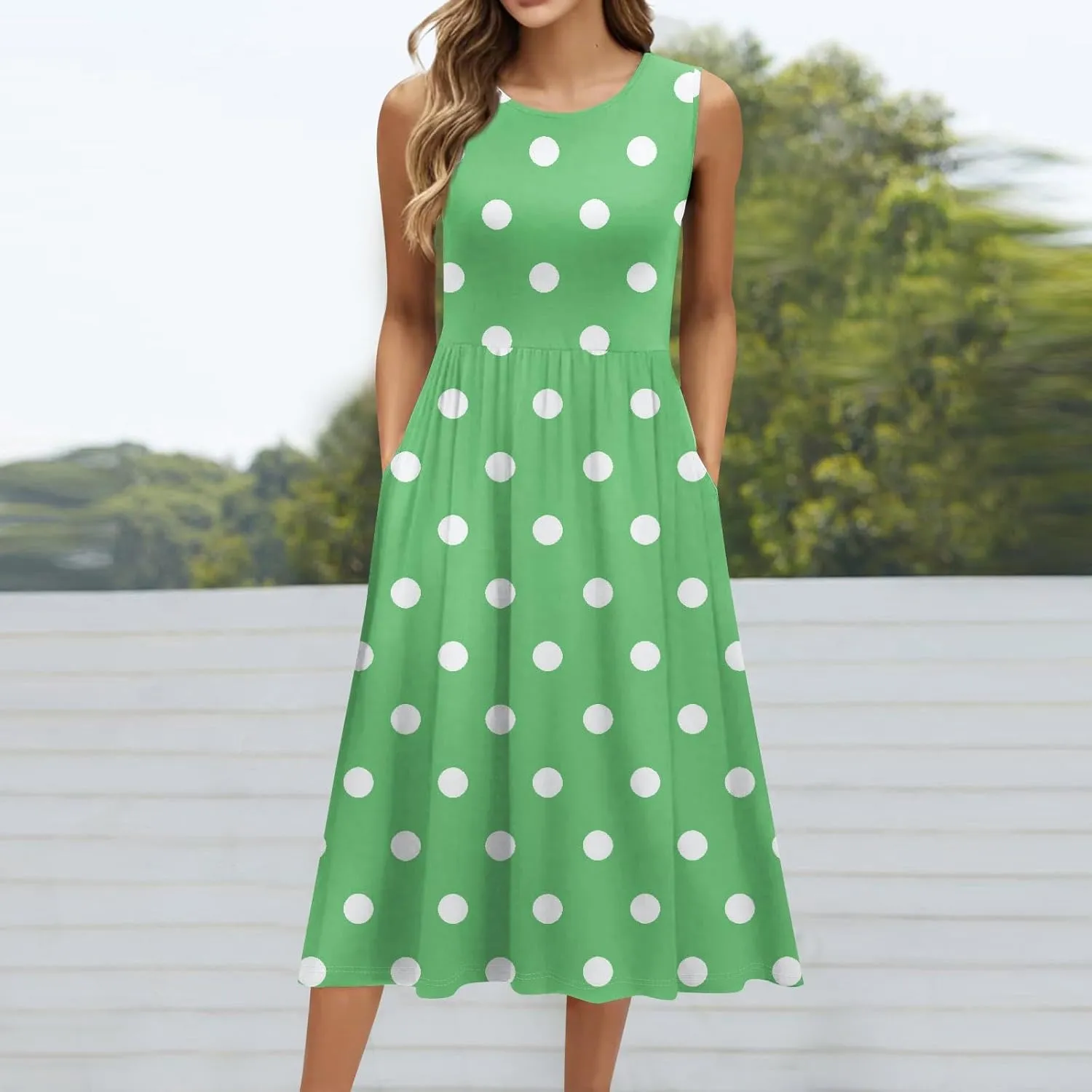 Womens Summer Dresses Flowy Sleeveless Mid Dress Casual Loose A-Line Sundresses Floral Tshirt Tank Dresses with Pockets