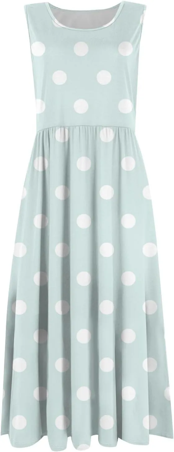 Womens Summer Dresses Flowy Sleeveless Mid Dress Casual Loose A-Line Sundresses Floral Tshirt Tank Dresses with Pockets