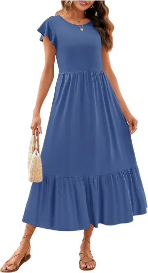 Womens Summer Dresses Flutter Short Sleeve Beach Dress Flowy Wedding Guest Midi Dresses Elastic Tiered Dress
