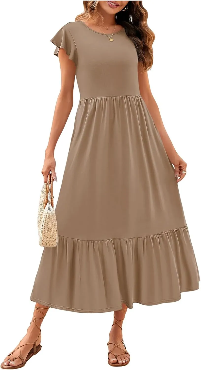 Womens Summer Dresses Flutter Short Sleeve Beach Dress Flowy Wedding Guest Midi Dresses Elastic Tiered Dress