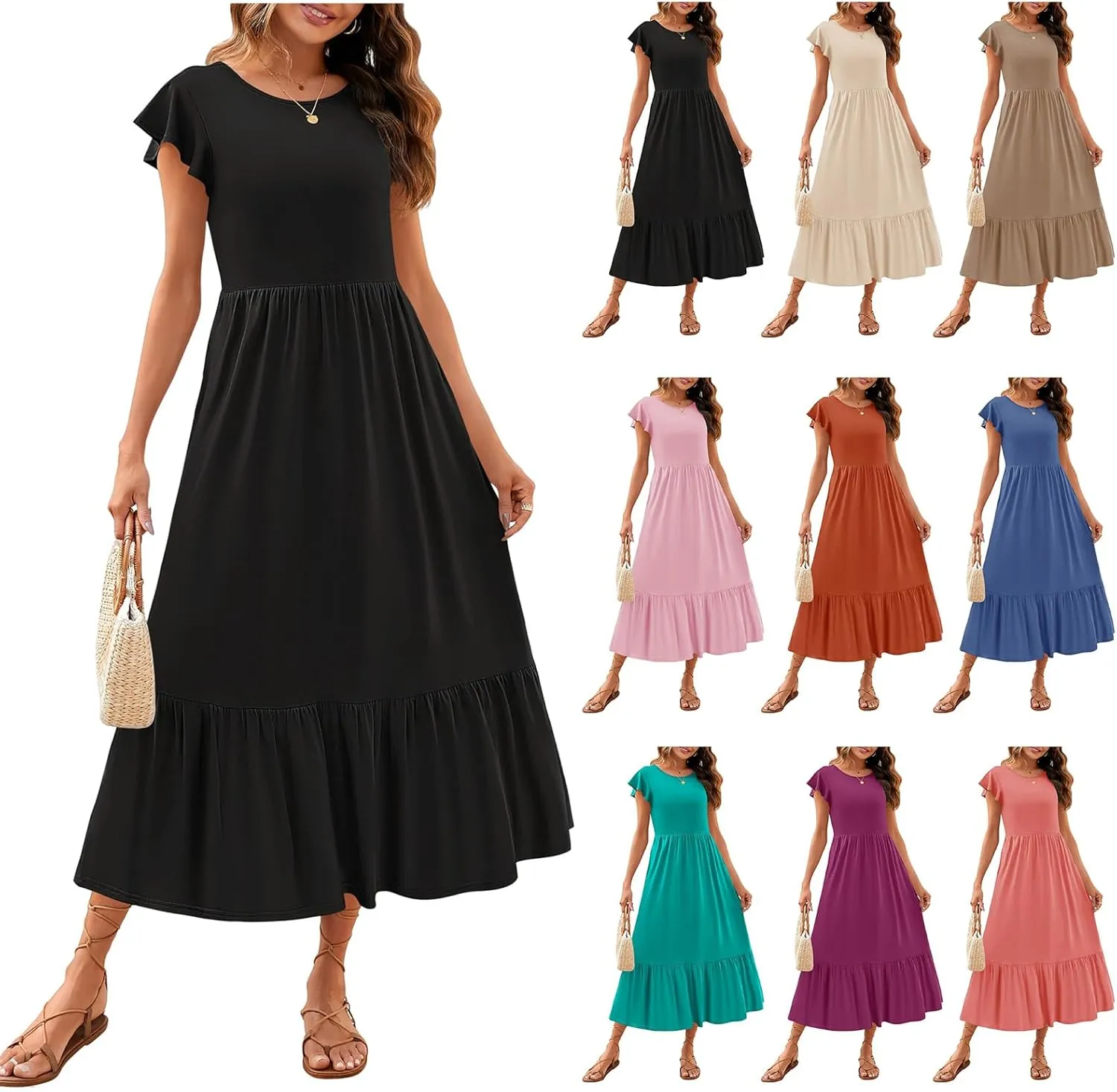 Womens Summer Dresses Flutter Short Sleeve Beach Dress Flowy Wedding Guest Midi Dresses Elastic Tiered Dress