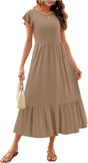 Womens Summer Dresses Flutter Short Sleeve Beach Dress Flowy Wedding Guest Midi Dresses Elastic Tiered Dress