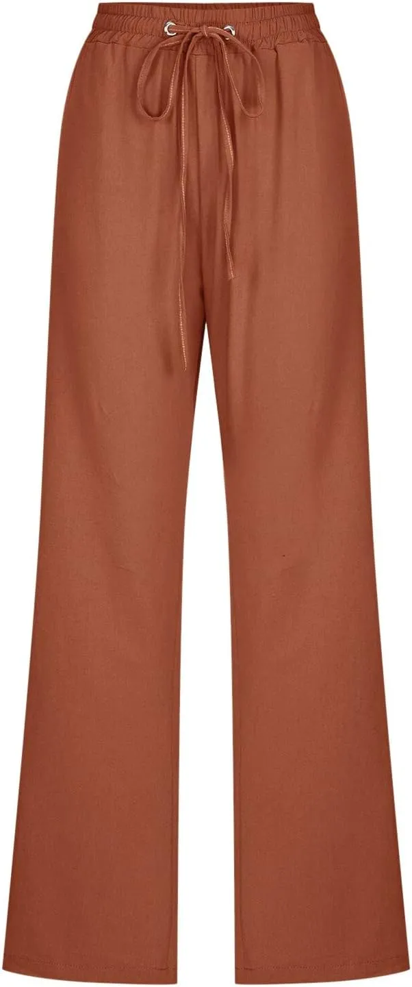 Womens Summer Flowy Linen Palazzo Wide Leg Pants Workout High Waist Pant Tie Side Trouser with Pockets
