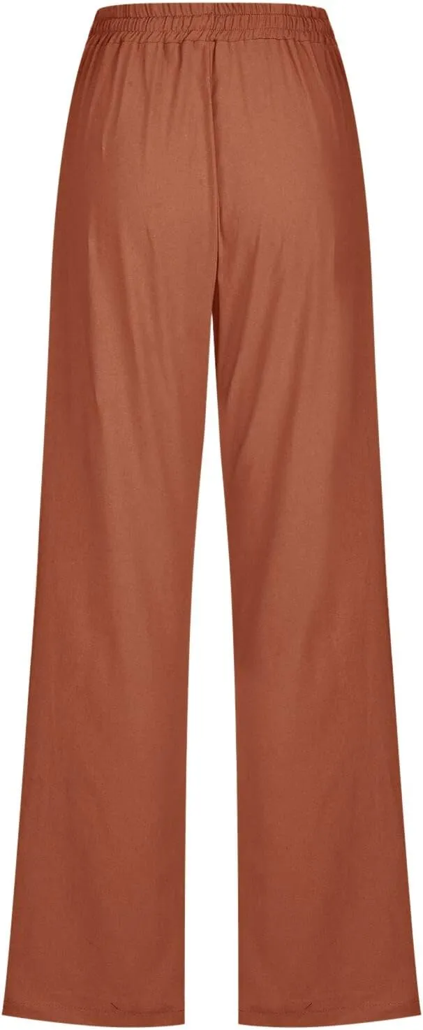 Womens Summer Flowy Linen Palazzo Wide Leg Pants Workout High Waist Pant Tie Side Trouser with Pockets