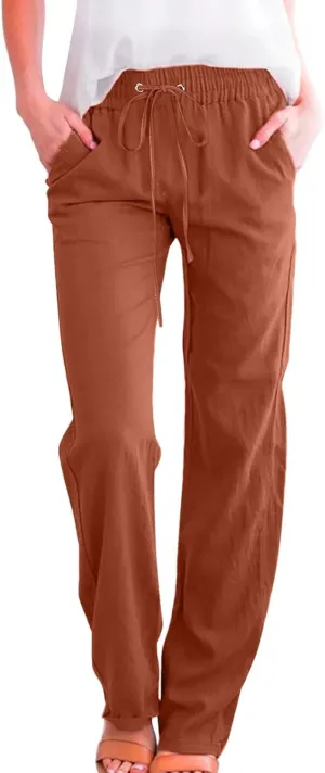 Womens Summer Flowy Linen Palazzo Wide Leg Pants Workout High Waist Pant Tie Side Trouser with Pockets