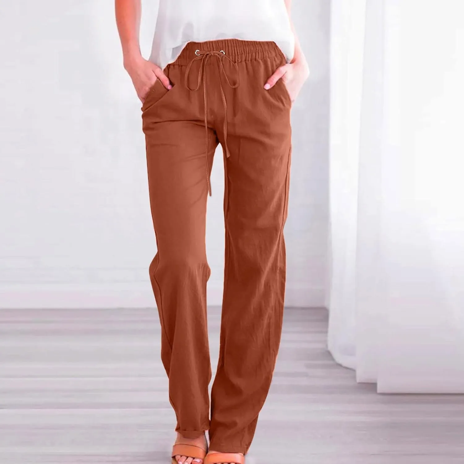 Womens Summer Flowy Linen Palazzo Wide Leg Pants Workout High Waist Pant Tie Side Trouser with Pockets